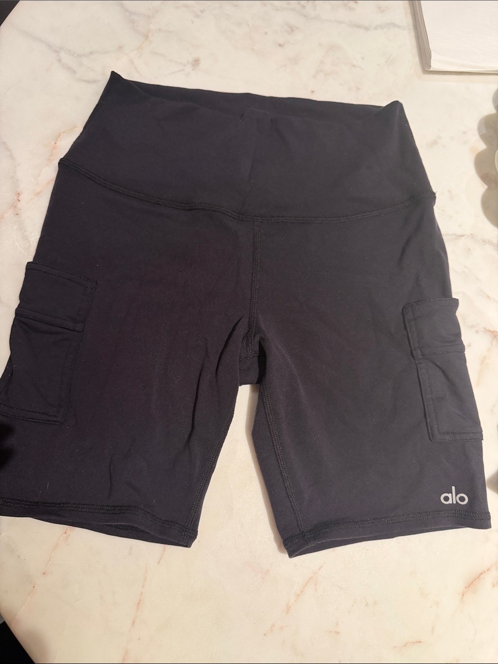 ALO Yoga Black High-Rise Cargo Bike Shorts with Side Pockets